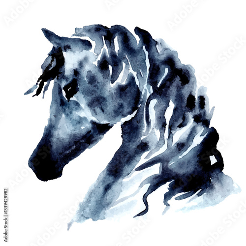 Watercolor or ink hand drawing horse, pony, stallion or mare head with windy mane. Hand painting vector graceful romantic stylish art. Horse riding hobby. Indigo color equine art silhouette