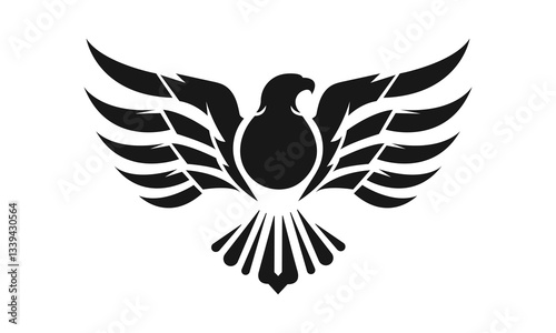 Eagle logo template. Black and white silhouette of an eagle with spread wings. Symmetrical and stylish logo, perfect for branding and emblems