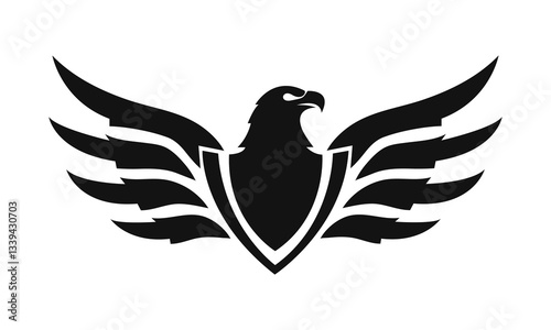 Eagle logo template. Black and white silhouette of an eagle with spread wings. Symmetrical and stylish logo, perfect for branding and emblems