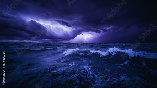 A dark and moody seascape where a swirling storm looms over the ocean, with an eerie purple glow from lightning strikes in the distance