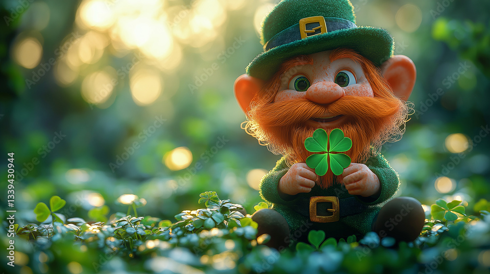 A small leprechaun wearing green attire and hat is sitting in a field of clovers. The leprechaun smiles while holding a four-leaf clover in its hands, a sign of good luck A small leprechaun wearing green attire and hat is sitting in a field of clovers. The leprechaun smiles while holding a four-leaf clover in its hands, a sign of good luck