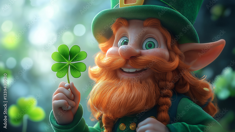 A cheerful leprechaun, adorned in traditional green attire, proudly displays a vibrant four-leaf clover. He stands amongst lush greenery, illuminated by soft sunlight, celebrating st. patrick's day A cheerful leprechaun, adorned in traditional green attire, proudly displays a vibrant four-leaf clover. He stands amongst lush greenery, illuminated by soft sunlight, celebrating st. patrick's day