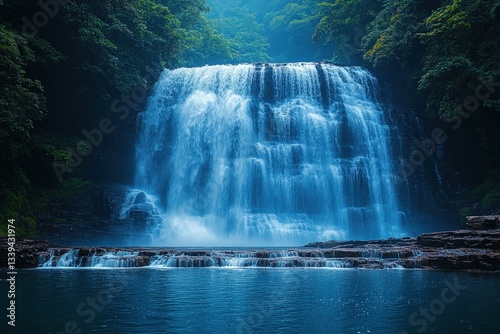 Majestic Waterfall Cascading Down Rocky Cliffs Surrounded by Lush Greenery Under a Misty Sky
