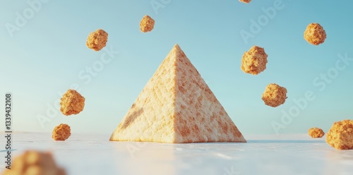 A pyramid surrounded by scattered floating spherical objects in space