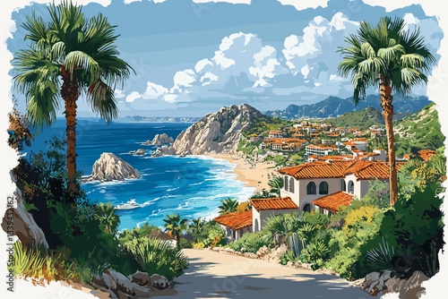 Stunning coastal landscape with white Mediterranean-style houses, lush palm trees, and a turquoise sea, set against rocky cliffs and a bright blue sky