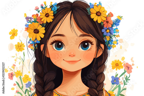 Adorable girl with braided hair, wearing a floral crown of sunflowers and wildflowers, smiling softly, captured in an artistic, whimsical style with bright, cheerful colors