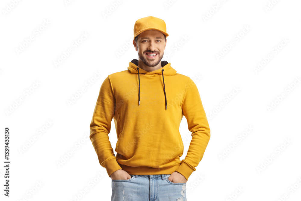Young man in a yellow hoodie and jeans posing with hands in pockets Young man in a yellow hoodie and jeans posing with hands in pockets