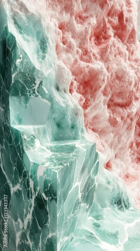 3D style of Closeup of transluscent marble stone texture, pastel green turquoise white and pink, abstract background, 3D illustration