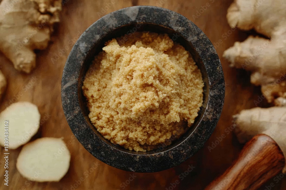 Fresh Ginger Powder in Stone Mortar on Wooden Surface Background Fresh Ginger Powder in Stone Mortar on Wooden Surface Background