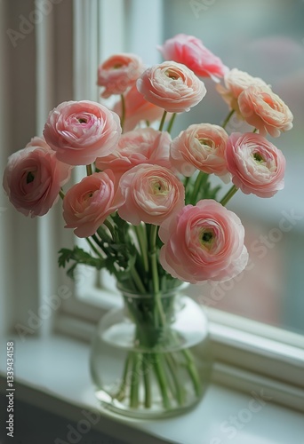 Pink Ranunculus Flowers Displayed in a White Fluted Vase Sitting Near a Window