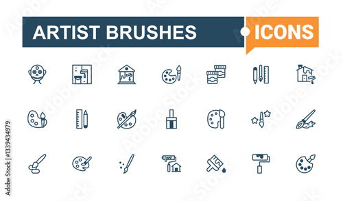 Artist Brushes modern icon set. Contain linear sign line, creative, draw, paint, tool, isolated and more. Paint Brushes line icon. Flat UI icons. Editable stroke vector art.