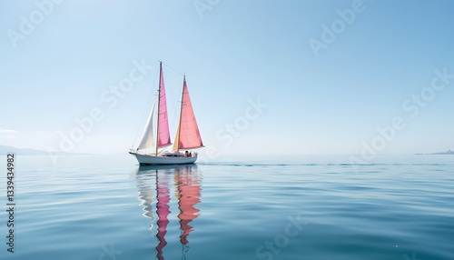 The sailboat glides effortlessly across the glassy, still waters, the only sound being the gentle lapping of waves against the hull