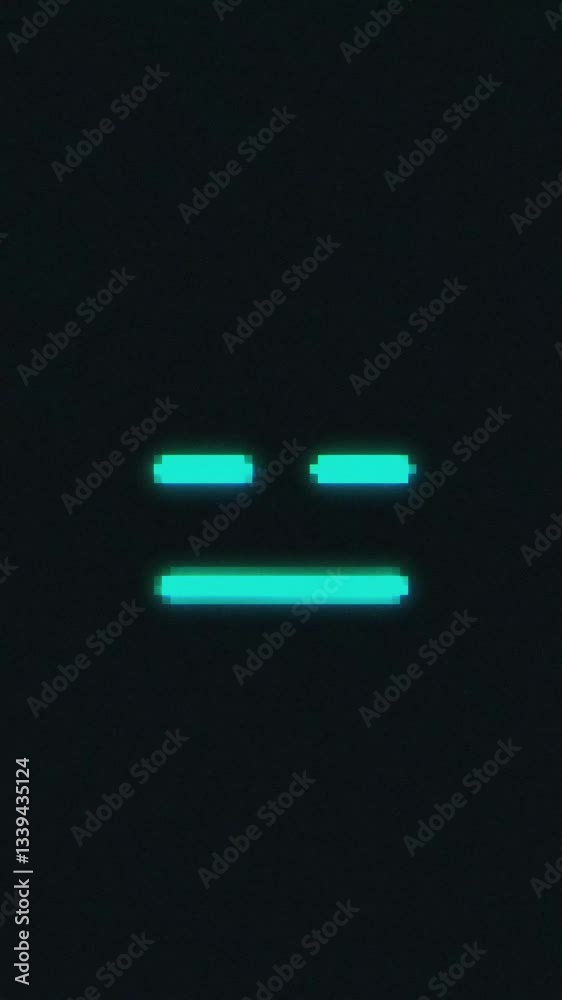 Digital pixelated Expressionless Face with a glowing cyan color on a dark background, resembling a retro screen display. Digital pixelated Expressionless Face with a glowing cyan color on a dark background, resembling a retro screen display.