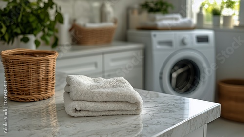 Laundry Room Interior Features Wicker Basket Filled With White Clothes on Mar...