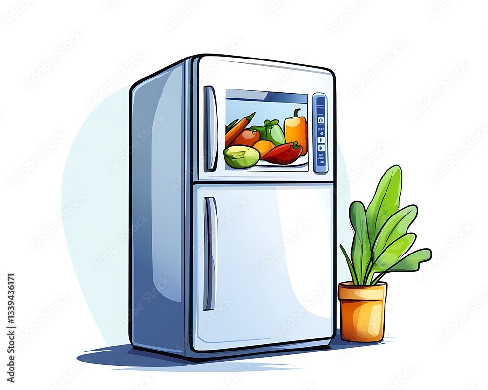 Obraz premium Kitchen refrigerator, fresh produce, plant, healthy food, home