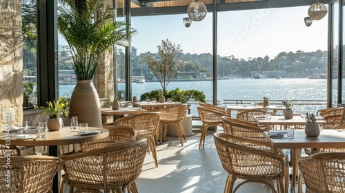 Outdoor cafe overlooking harbor, tables and chairs, sunny day