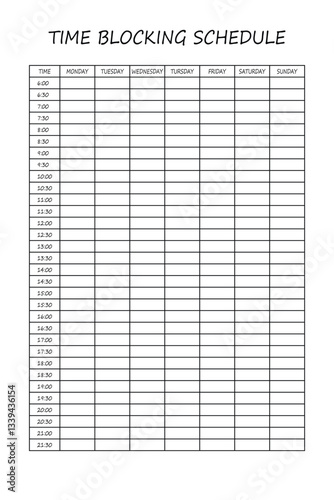 24 Hourly Weekly Schedule - Monday Start. Mockup for daily scheduling and time management. 30-minute increment hourly planner templates. Time Planner.