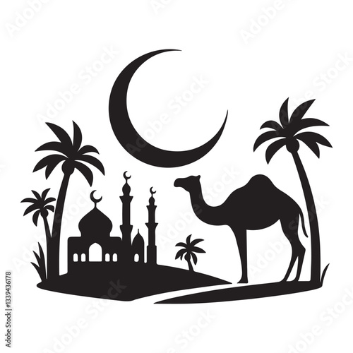 Arabian Nights: Camels and Palms in a Moonlit Scene