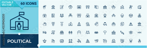 Set of Political line icon. Included campaign, activism, politics, democrat and more. Expanded stroke icons. Diplomacy linear icon collection. Solid line editable stroke. Vector collection.