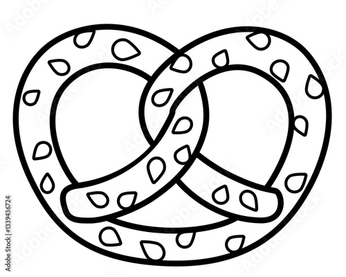 Sesame pretzel - baked product - vector linear illustration for logo or sign coloring. Outline. Sesame Brezel - Traditional German meal snack for coloring.	