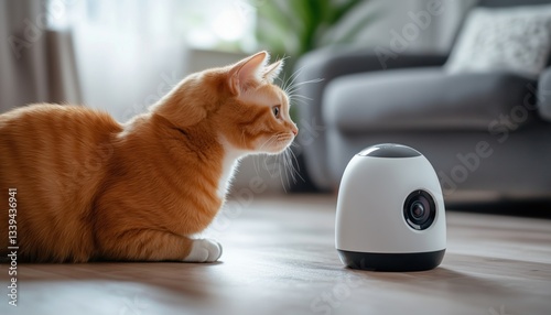 Modern Cctv Security Camera With Pet: Close-Up Footage Of Smart Home Surveillance System With Adorable Cat Indoors. photo