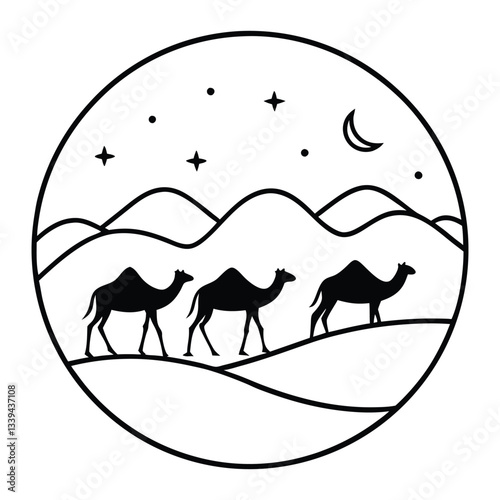 Arabian Nights: Camels and Palms in a Moonlit Scene