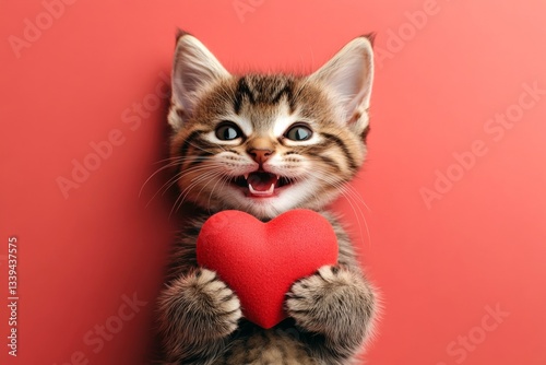 Cute bombay baby feline with companion toy red heart - sign of love, funny greeting card. Bombay - my treasured cat. Marketing visual drawing. Cat for valentine. Love animal photography. photo