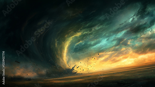 A massive tornado funnel beginning to descend from swirling dark clouds over an open prairie, with debris starting to lift into the air