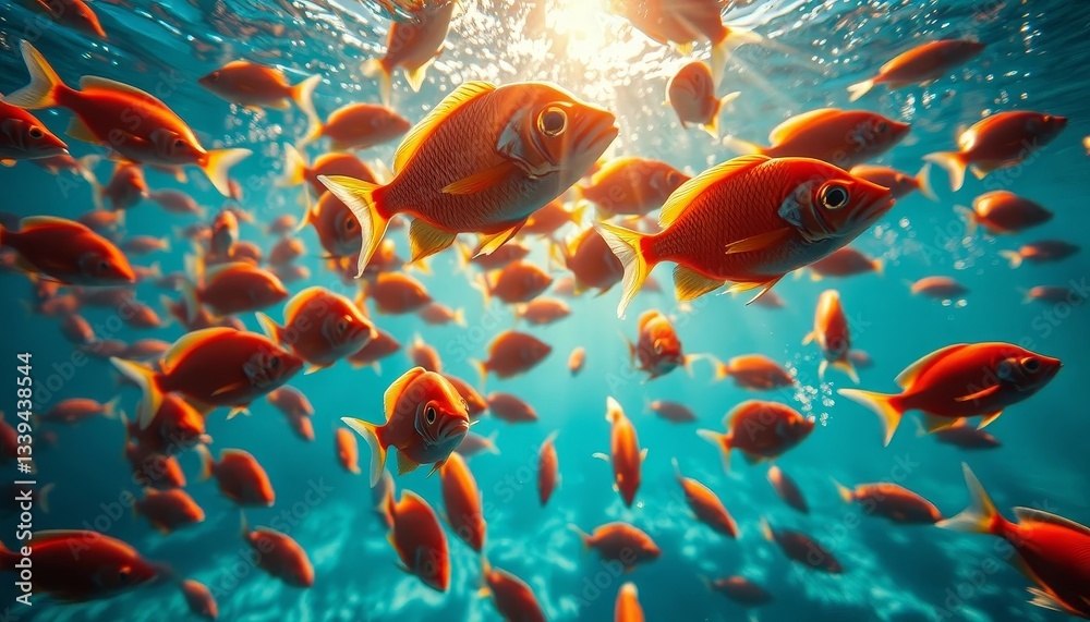 Sunlit Shoal A vibrant underwater scene teeming with a multitude of bright orange fish gracefully swimming in a crystal-clear ocean, illuminated by a radiant sunbeam penetrating the surface. Sunlit Shoal A vibrant underwater scene teeming with a multitude of bright orange fish gracefully swimming in a crystal-clear ocean, illuminated by a radiant sunbeam penetrating the surface.
