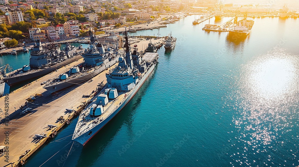 Naklejka premium An aerial view of military ships docked at a harbor. The water glistens under sunlight, reflecting the vessels and creating a serene maritime scene