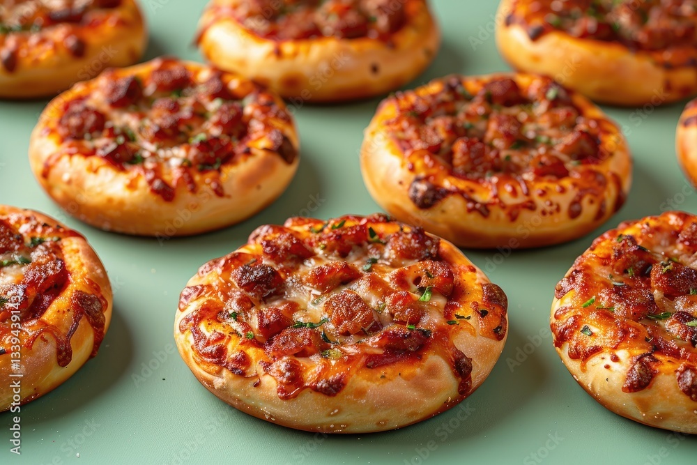 Mini pizzas on green background. Small pizzas with sausage and herbs. Mini pizzas on green background. Small pizzas with sausage and herbs.