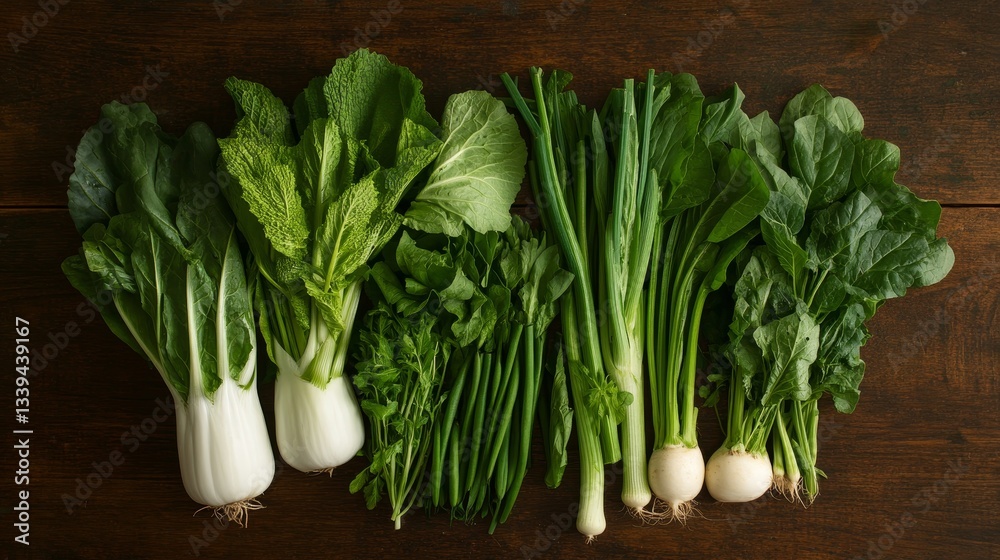 Fresh assortment of leafy greens and vegetables arranged on a wooden table for culinary use Fresh assortment of leafy greens and vegetables arranged on a wooden table for culinary use