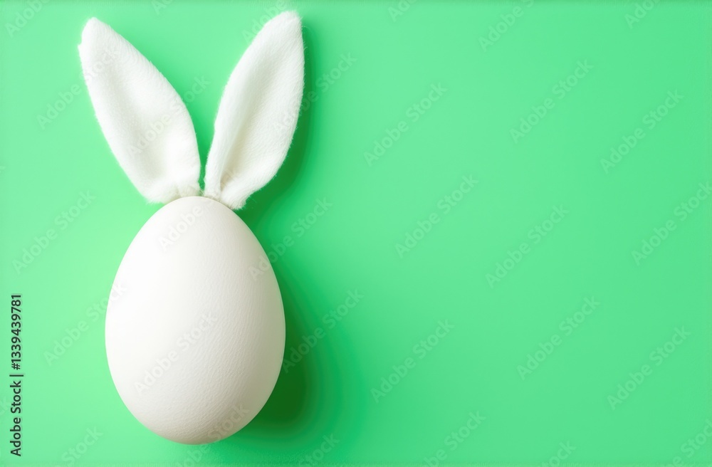 Fototapeta premium white Easter egg with fluffy Easter bunny ears on green pastel background. copy space