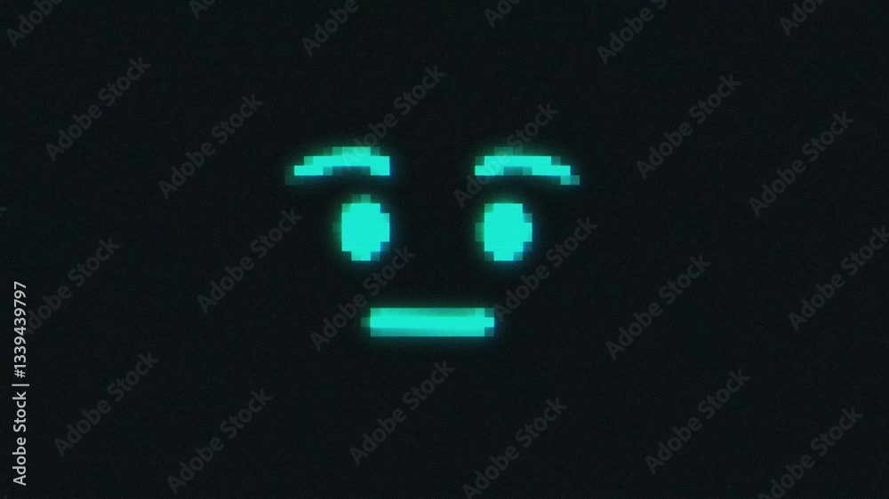 Digital pixelated smiley face with a glowing cyan color on a dark background, resembling a retro screen display. Digital pixelated smiley face with a glowing cyan color on a dark background, resembling a retro screen display.