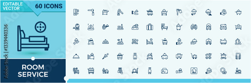 Room Service icon collection. Related to service, bed, restaurant, hotel, building and more. Thin outline icons pack. Room icon set. Vector line and solid icons.