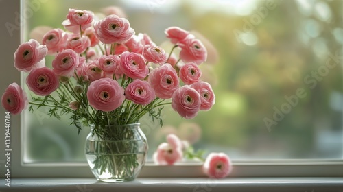 Pink Ranunculus Flowers Sit in Vase Near a Window During Daytime