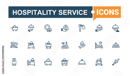 Hospitality Service vector icon set. Contains such icons as bed, room, building, vacation, clean. Room Service icon set. Flat UI icons. Solid line editable stroke. Vector collection.