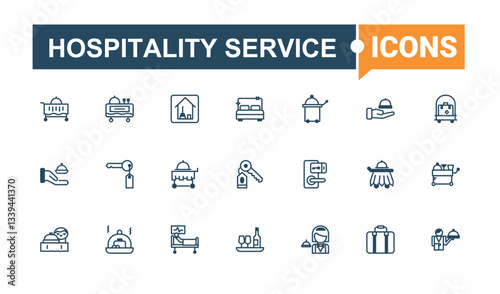 Hospitality Service vector icon set. Contains such icons as bed, room, building, vacation, clean. Room Service icon set. Flat UI icons. Solid line editable stroke. Vector collection.