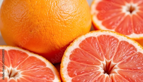 The ripe grapefruits are a vibrant blend of coral and sunshine yellow, with a smooth, glossy skin that shines under the light