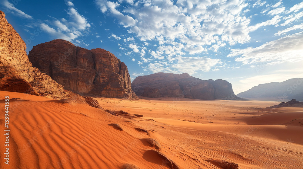 Fototapeta premium Stunning wadi rum desert landscape with majestic mountains and red sand dunes under a bright blue sky