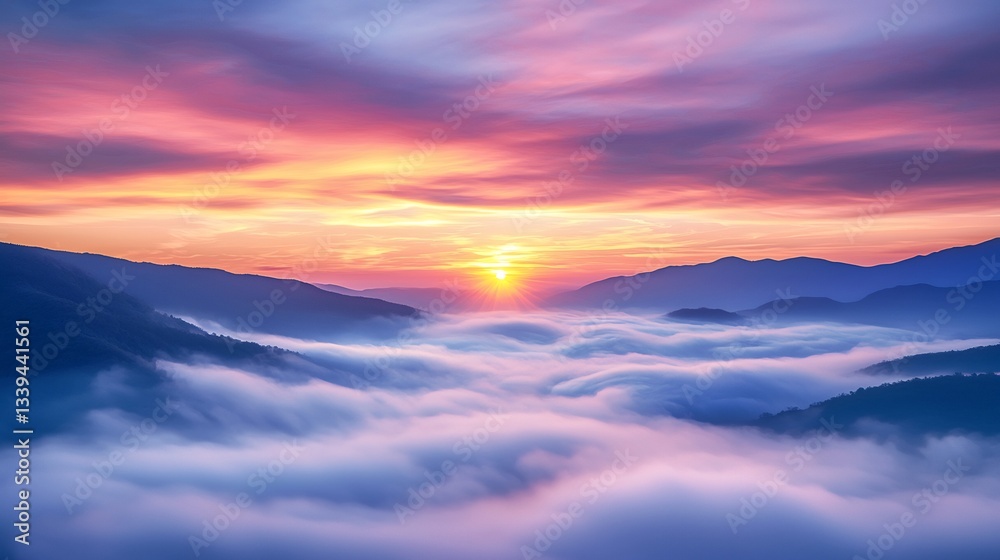 Spectacular dawn over mountains with sun rays piercing through the clouds Spectacular dawn over mountains with sun rays piercing through the clouds