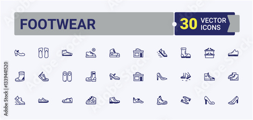 Footwear modern icon set. Includes symbols for fashion, foot, wear and more. Shoe icon set. Thin outline icons pack. Pixel perfect. Vector line and solid icons.