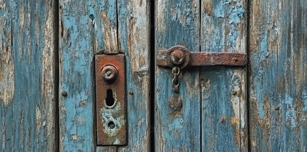 Close view of weathered blue painted wooden door and hardware Close view of weathered blue painted wooden door and hardware