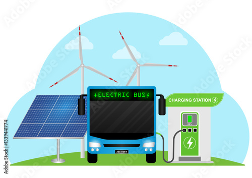 Electric Bus Charging at Charging Station. Smart Bus. Electric Transport. Green Energy Concept. Vector Illustration.