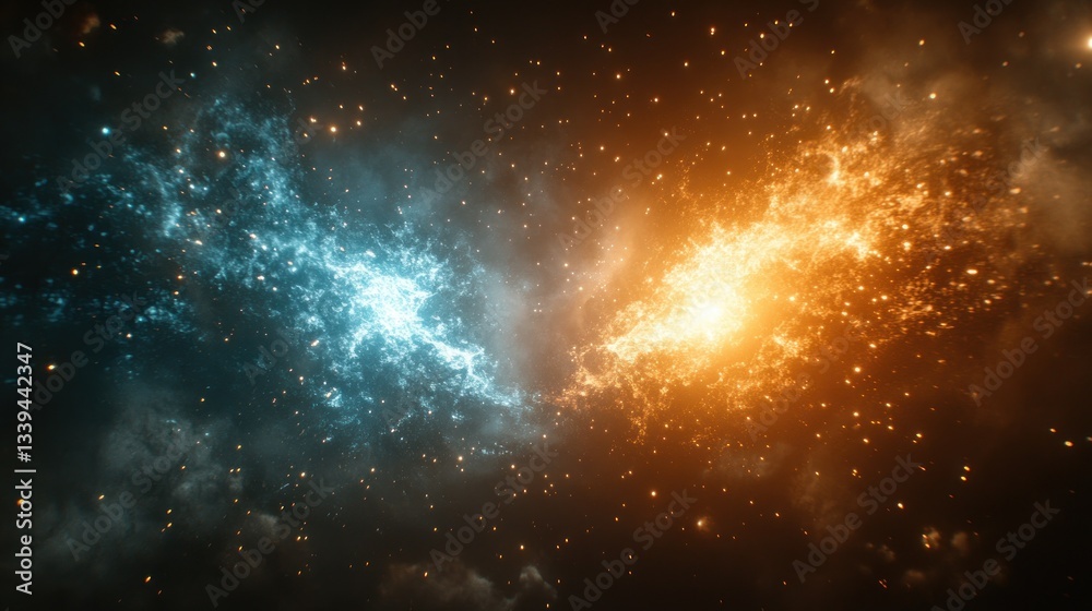 Naklejka premium Cosmic clash of opposing energies. A swirling vortex of vibrant blue and orange, suggesting conflict or fusion in space. Detailed particles and streaks create a dynamic, otherworldly scene