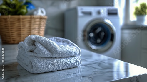 Laundry Day Shows Wicker Basket Full of Blue Clothes Near Washer Machine
