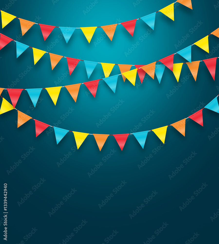 Fototapeta premium Colorful party flags hanging on blue wall background, birthday, anniversary, celebration event, festival greeting card background, scene for shooting.