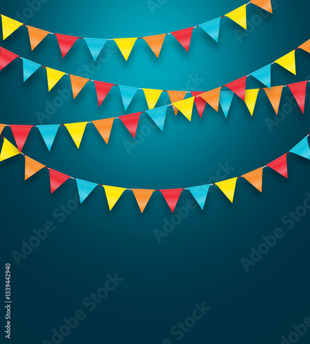 Colorful party flags hanging on blue wall background, birthday, anniversary, celebration event, festival greeting card background, scene for shooting.