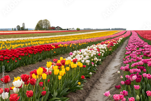 pink, red and orange tulip field isolated on white background, PNG. AI Generated 
