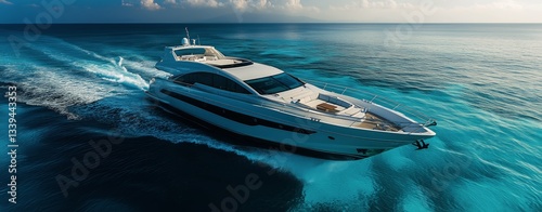 Luxury Yacht Speeds Through the Deep Blue Ocean During Daytime